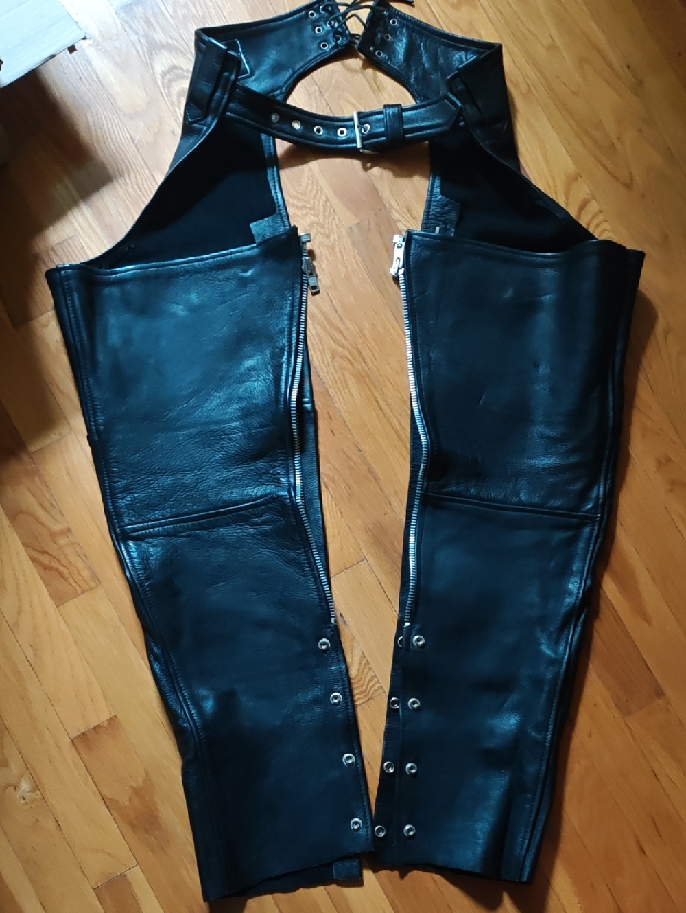Black Leather Motorcycle Chaps with Pocket Women's Small